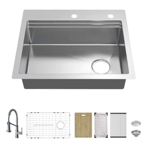 Glacier Bay Dolancourt Tight Radius 27 in. Drop-In Single Bowl 18G Stainless Steel Workstation Kitchen Sink with Spring Neck Faucet