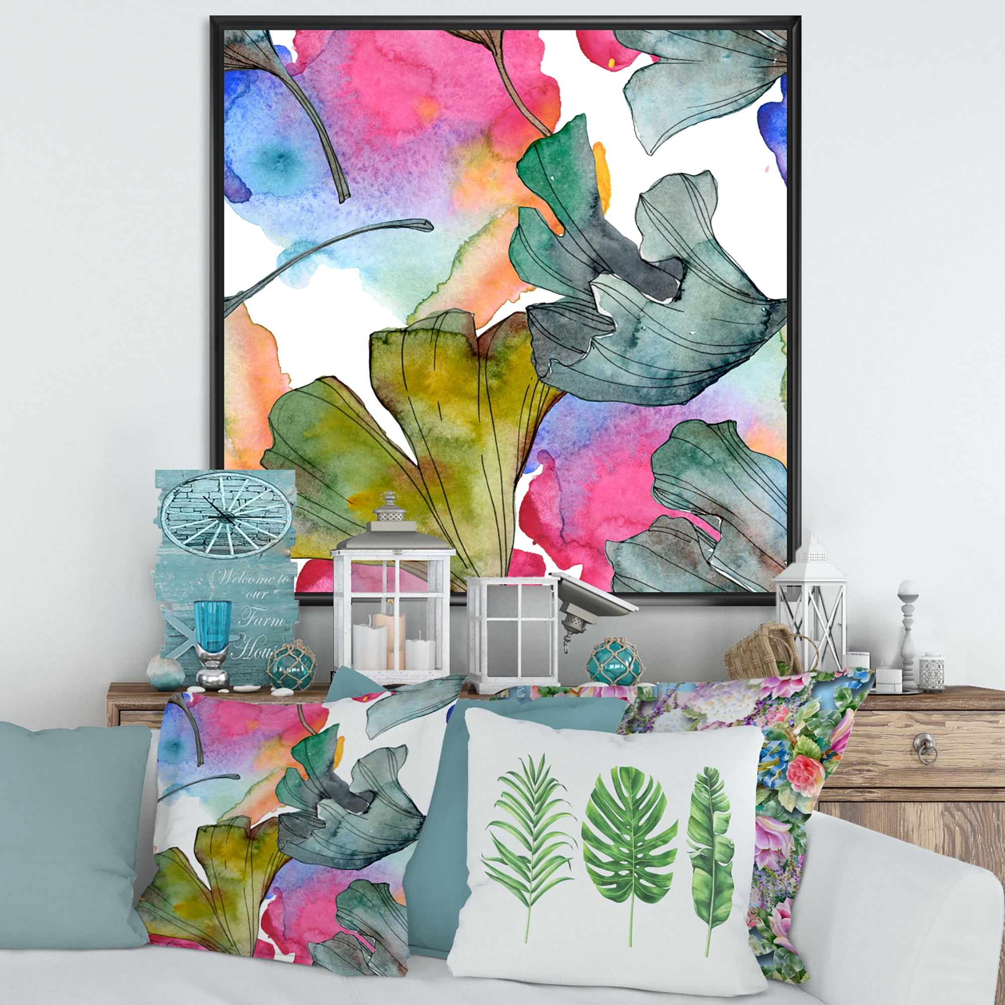 Abstract Ginkgo Biloba Leaf Foliage 16 in x 16 in Framed Painting Canvas Art Print, by Designart