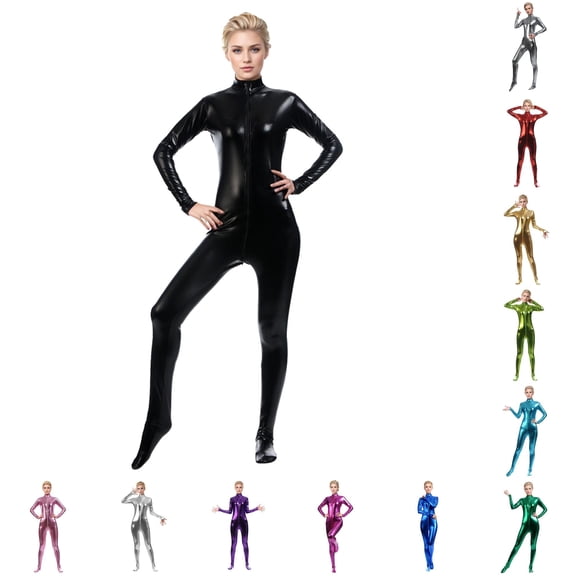 Wxolcjlv Womens Shiny Metallic Full Body Jumpsuit Front Zipper Footed Unitard Bodysuit