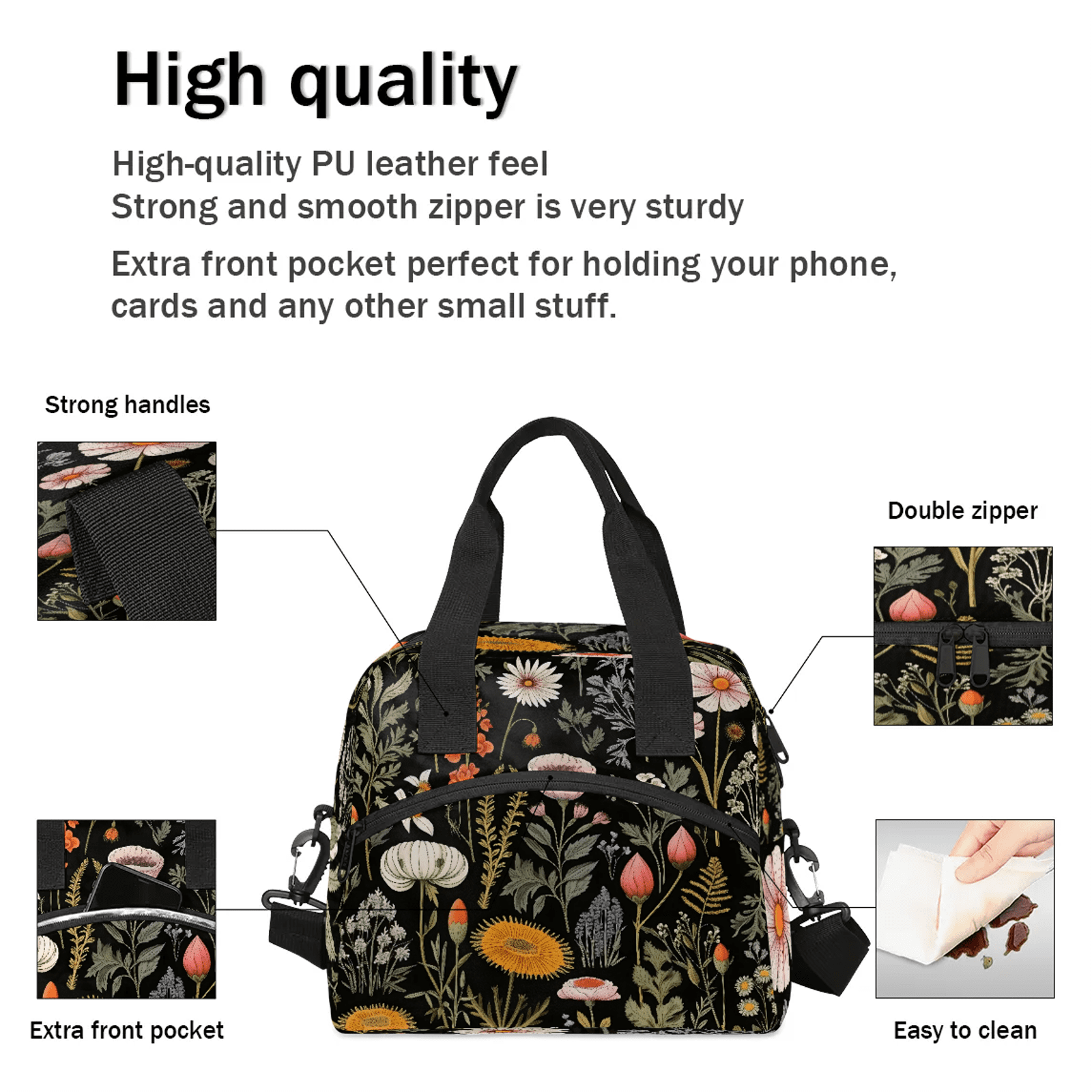 Herdesigns Wildflower Floral Flower Insulated Lunch Bag for Women Men Adult, Reusable Insulated Cooler Lunch Box Lunch Tote Bag for Work Picnic Beach