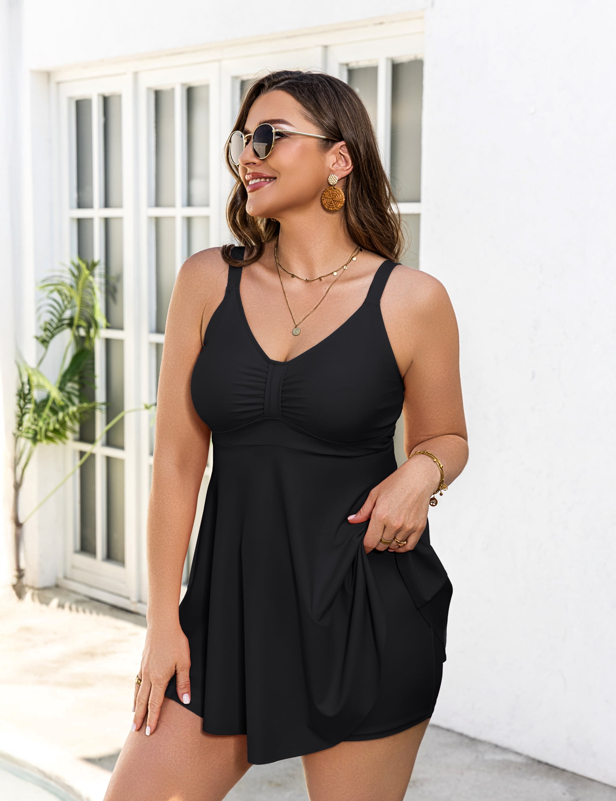a.Jesdani Women Plus Size Swimsuit Two Piece Tummy Control Bathing Suits Flowy Tankini Swimwear with Drawstring Boys Shorts Swim Dress Black 3X