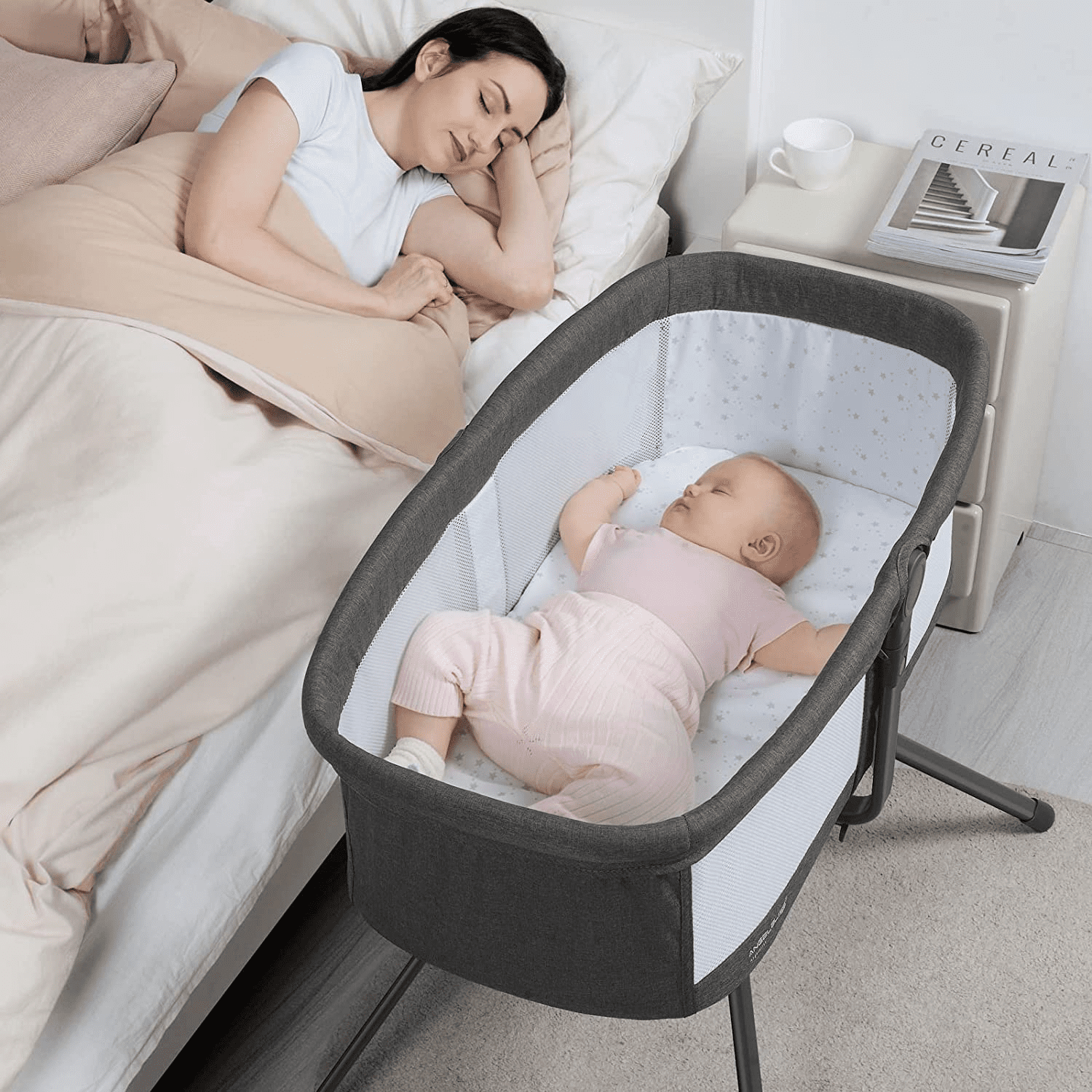 ANGELBLISS 3 in 1 Flat Rocking Bassinet & Portable Travel Bedside Crib, Side to Side Manual Rocking Motion Bassinet, Mattress Included (Black)(0-6month)