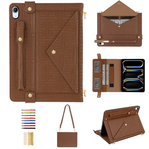 Case for iPad Mini 7th Gen 2024 Crossbody Case with Card Slots & Stand & Shoulder Strap & Wristband & Pencil Holder, Vintage Maze Pattern Wallet Envelope Cover for iPad Mini 6th Gen 2021, Brown