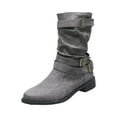 thumbnail image 3 of Willtoo Women's Leather Slouchy Buckle Mid-Calf Boots Comfort Wide Round Toe Slip On Lug Sole Motorcycle Combat Boots Winter Low Heel Knight Boots Wide Calf Knee High Boots Gray, 3 of 6