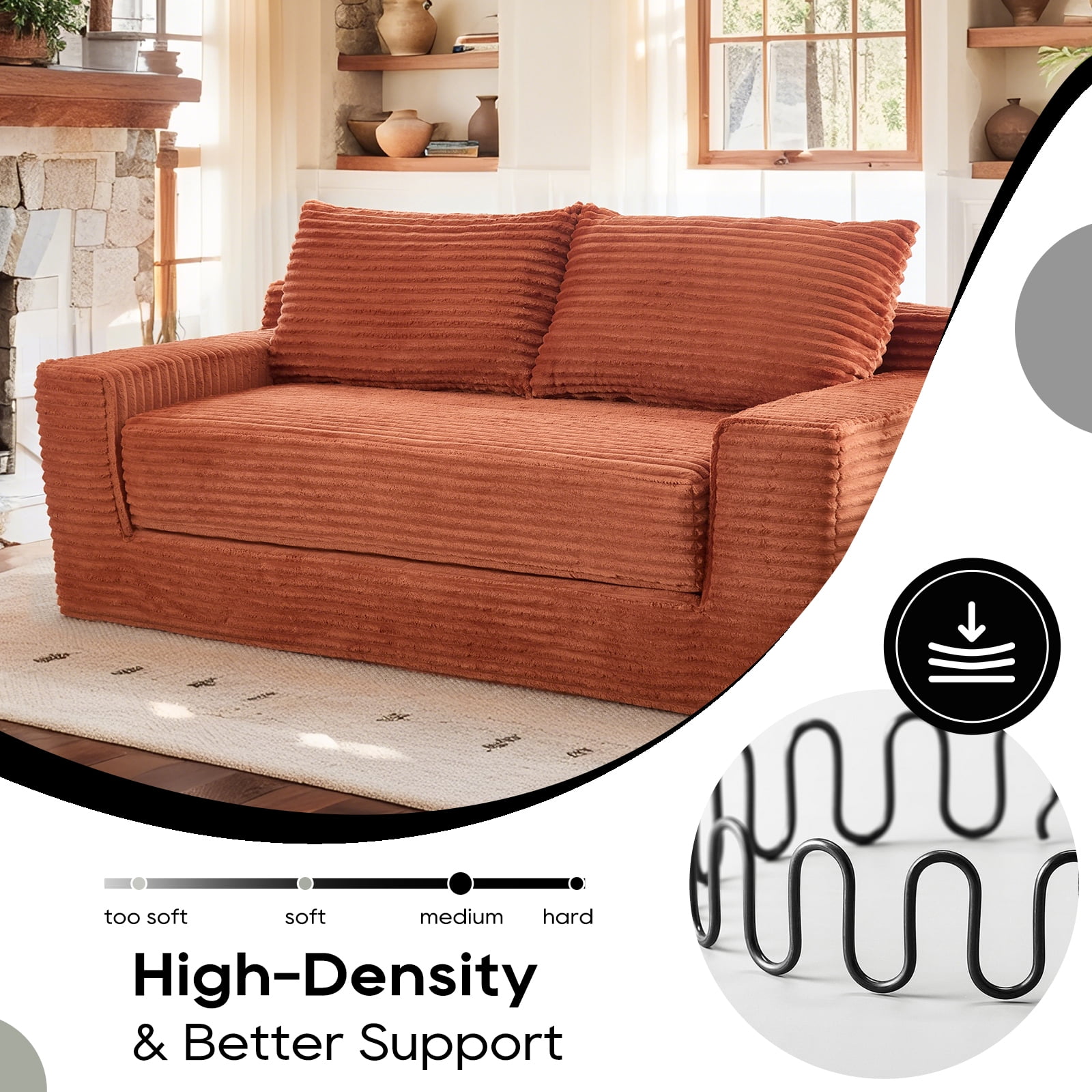 Leumius Convertible Loveseat Compression Sofa for Living Room,Corduroy 2 Seater Couch Memory Foam Sofa for Small Spaces,Apartments,Office,Orange