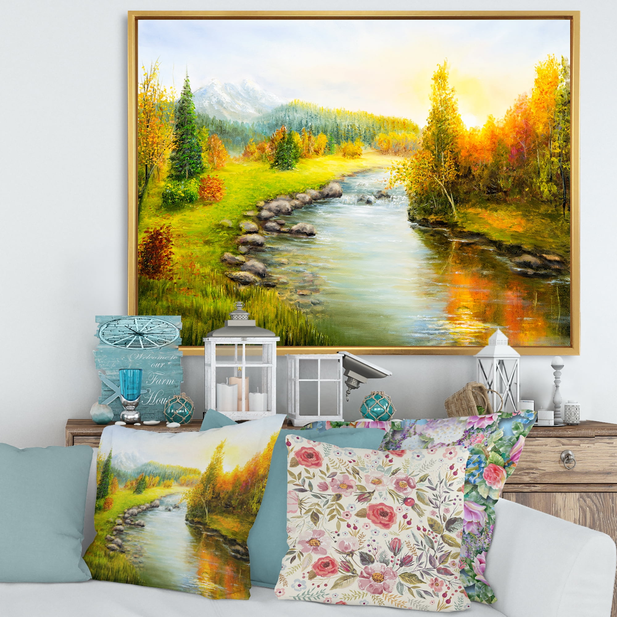 Designart 'Autumn Landscape With Forest River and Mountains' Lake House Framed Canvas Wall Art Print