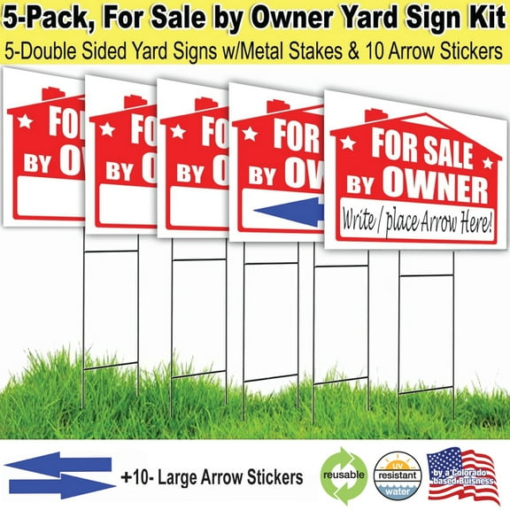 5 Pack For Sale By Owner Sign Kit with stakes, and arrow stickers