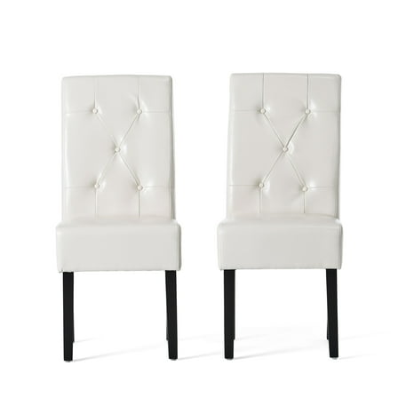 Alina Dining Chair Set of 2, Tufted Ivory Bonded Leather, Black Wood