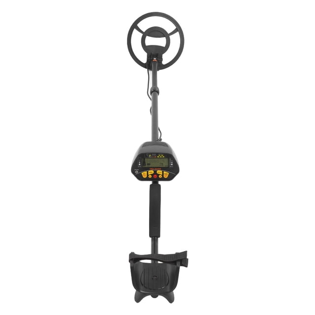 detector de metales subterráneo nikoumx md-3028 lcd portátil detector de oro Vista frontal centrada con varilla telescópica negra, bobina circular impermeable de 8,5 pulgadas, panel LCD retroiluminado y botones amarillos, mango acolchado y reposamuñecas con correa; indica DISC/PINPOINT y hierro/no hierro en pantalla; suele usarse también para búsqueda de monedas en campo.