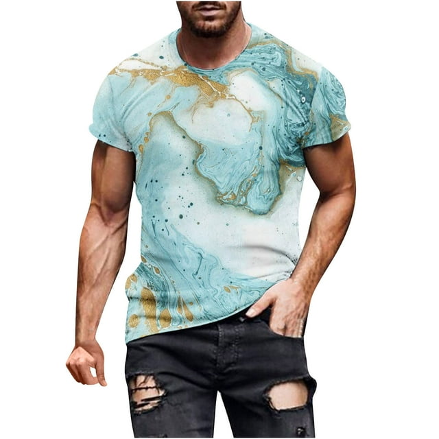 KIHOUT Liquidation T-Shirts à Manches Courtes en Mélange de Coton pour Hommes, Col Rond, Imprimés Complets, Hauts de Sport Décontractés