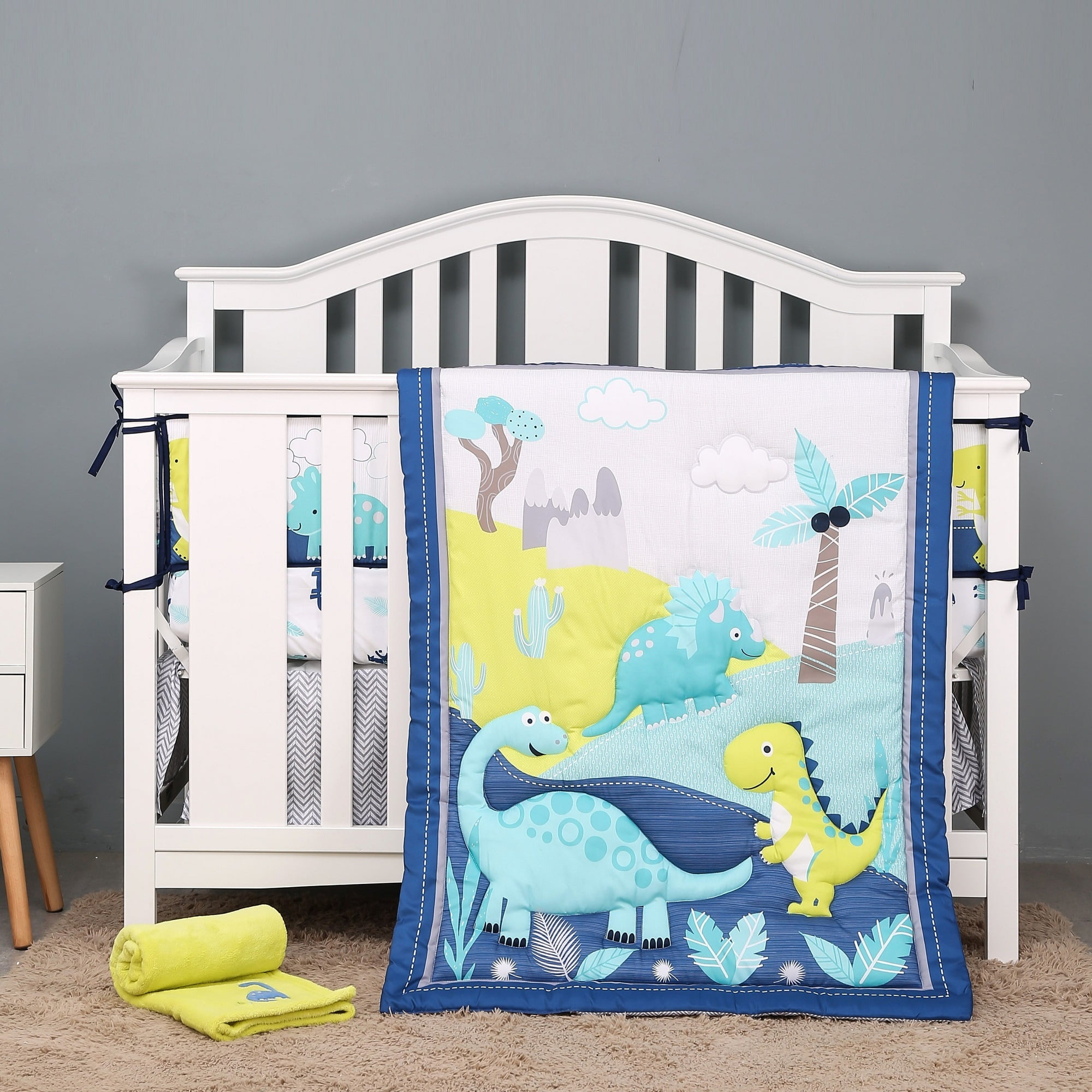 Sweet Baba 4 PC Dinosaur Crib Bedding Sets for Baby Boys, Yellow and Navy Blue