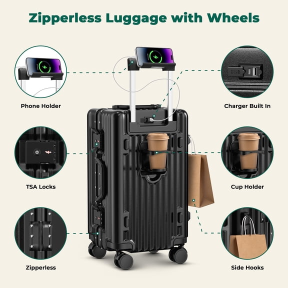 20" Carry-on Luggage Lightweight Zipperless Aluminum Frame ABS PC Hard Shell Suitcase with USB Port & Cup Holder,Airline-Approved TSA Lock(Black)