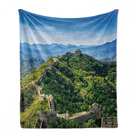 China Soft Flannel Fleece Throw Blanket, Wall of China in a Summer Day Jinshanling Section near Beijing Photo, Cozy Plush for Indoor and Outdoor Use, 70" x 90", Green Beige and Blue, by Ambesonne