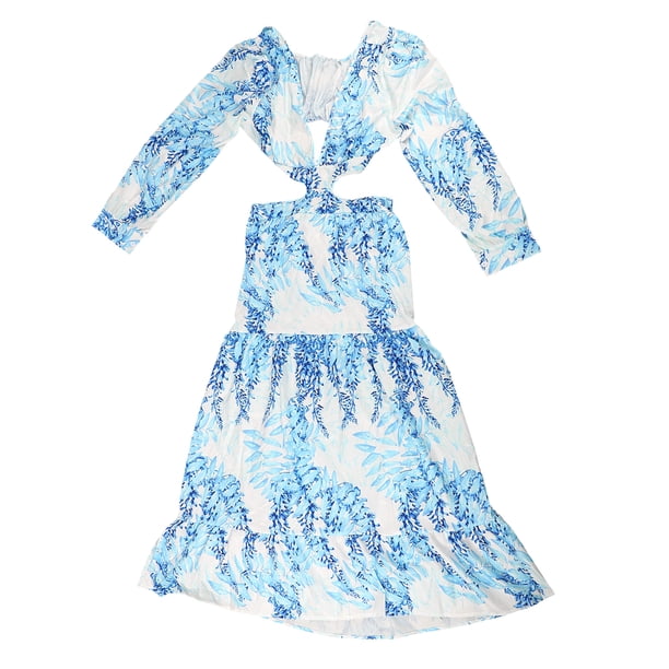 Vestido largo con escote en V profundo y estampado floral, con aberturas laterales, para primavera y verano, color azul, talla L