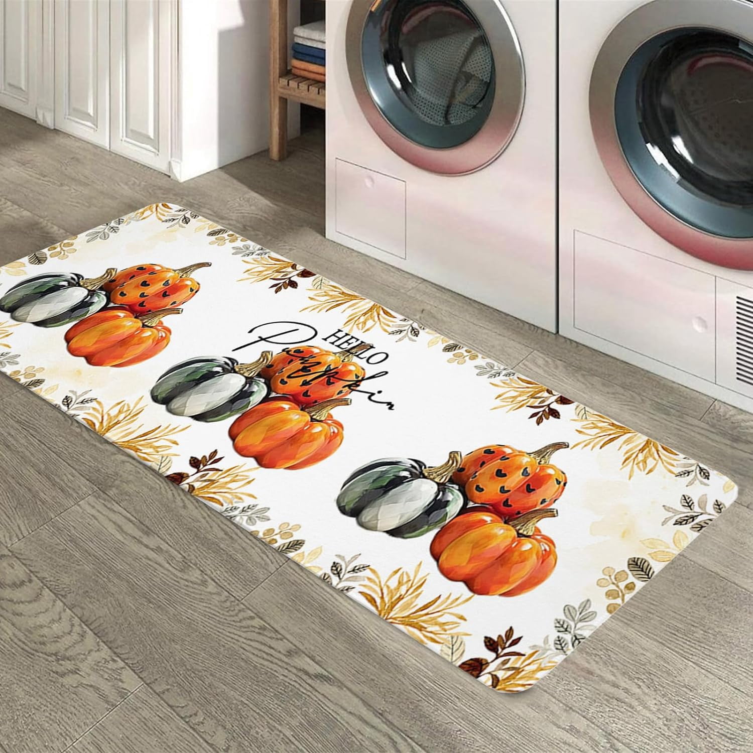 Hello Pumpkins Kitchen Floor Mats, Mid Century Boho Leaf Plant 2 PCS Anti Fatigue Area Runner Rugs Set Watercolor Botanical Non-Slip Bathroom Comfort Standing Mat Home Decor