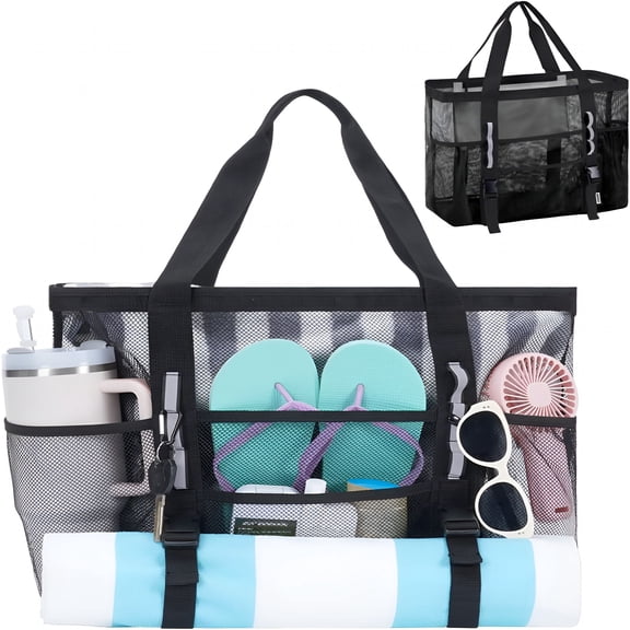AOMRCOL Mesh Beach Bag for Women,Large Tote Bag with 40oz Tumbler Side Pockets,Family Pool Bag for Swim Toys Towels,Vacation Essentials (Black) | Breathable
