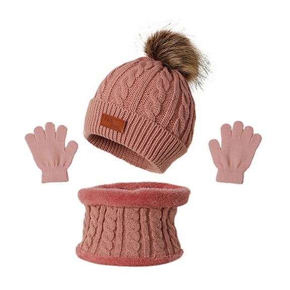 JUNTEX 3 Pcs Winter Warm Baby Solid Color Hat Gloves Scarf Set Fur Ball Beanies Cap Mitten Scarves Kit for Toddler Girls Boys