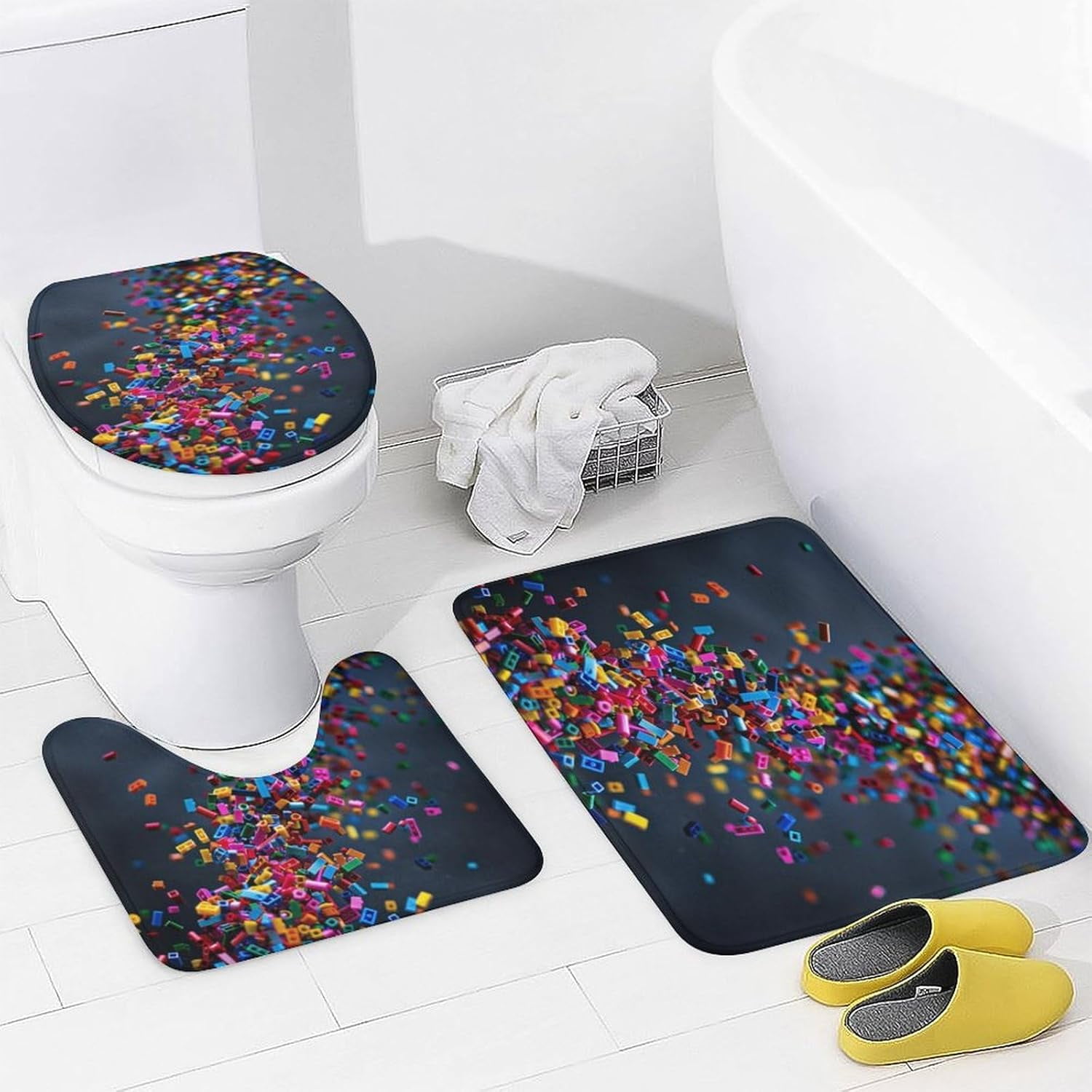 4Pcs Colorful Building Block Brick Shower Curtain Sets with Rugs, Toilet Lid Cover and Bath Mat, Geometric Bathroom Shower Curtains Set with 12 Hooks