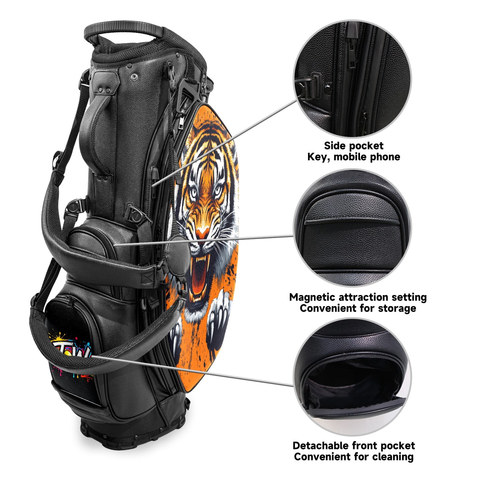 Black 5 Ways Divider Golf Bag Waterproof Leather Golf Stand Bag Large Capacity & Versatile Personalized Customized Printing Golf Club Bag for Men Women Color TW