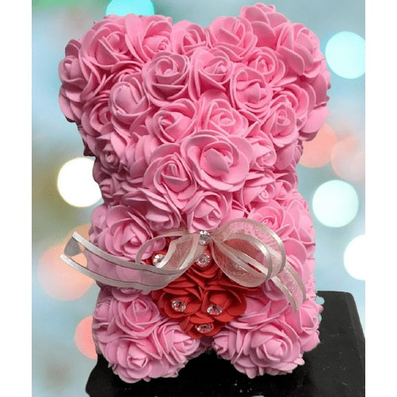 Centerpiece Rose Bear with Rhinestone Bling - Flower Bear, Baby Shower (Pink)