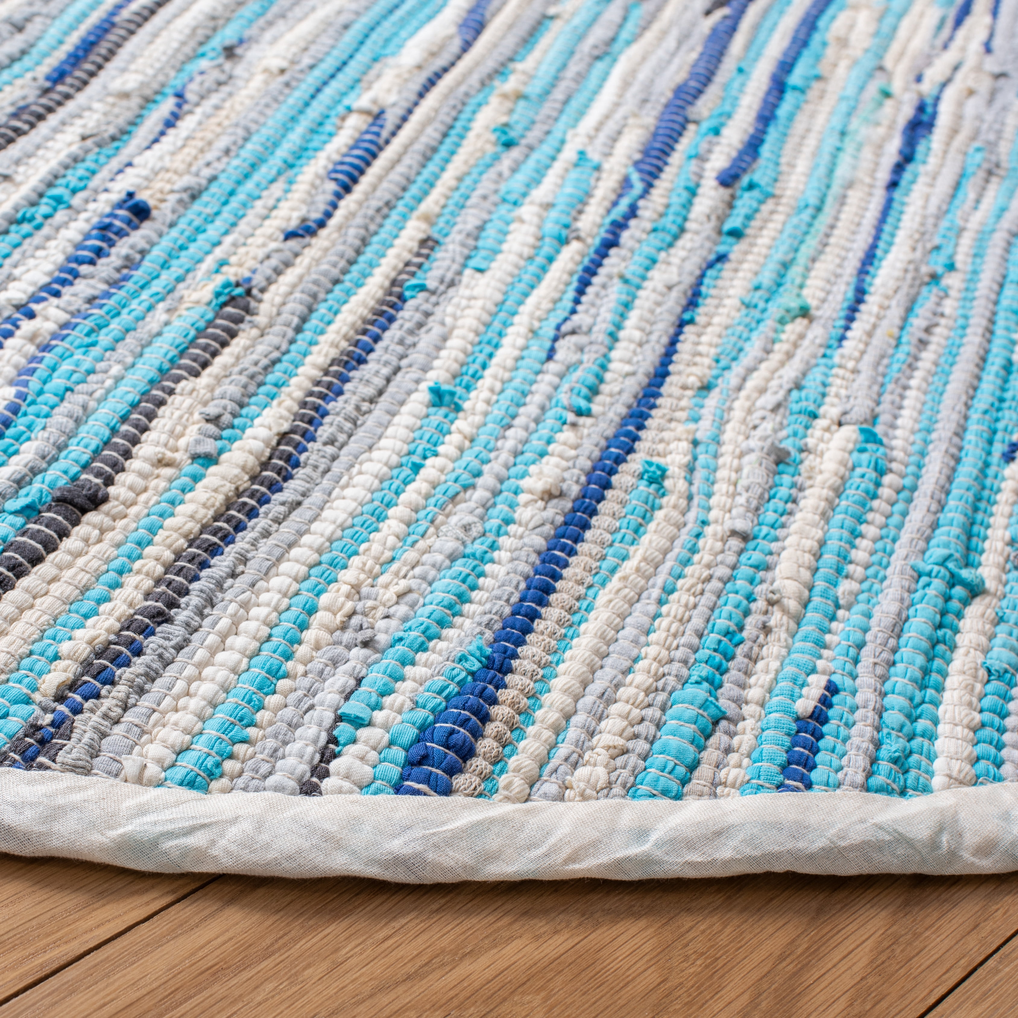 SAFAVIEH Rag Elena Striped Cotton Area Rug, Turquoise/Multi, 4' x 4' Round