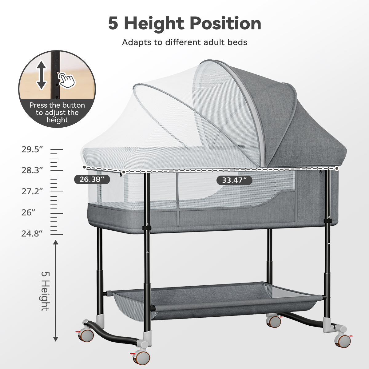 Baby Bassinet, Caveen 4 in 1 Adjustable Infant Bedside Crib Beds with Changing Table, Storage Basket, Wheel, Mosquito Net, for 0-24 Months, Gray