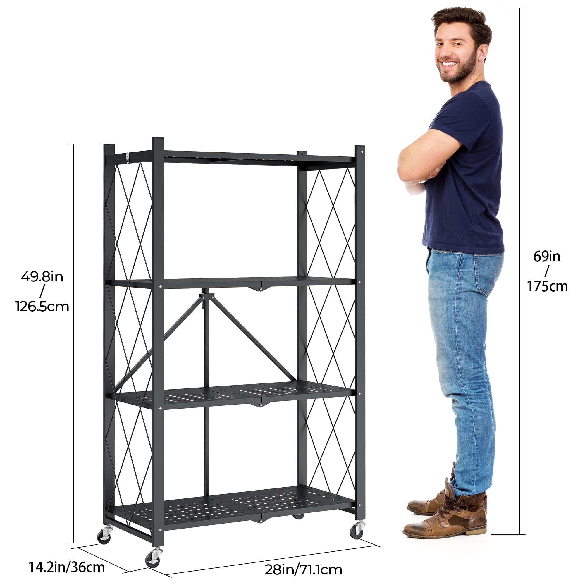 Furnibear 4-Tier Folding Storage Shelves with Wheels, Foldable Metal Rack, Collapsible Shelves for Garage, Kitchen, Basement, Black
