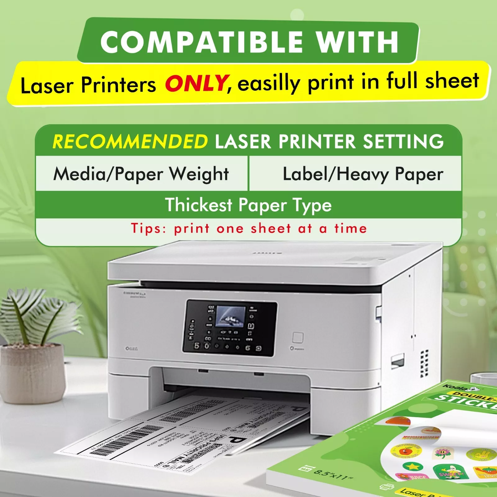 Koala Shipping Labels 8.5 x 11 - 200 Full Sheet Labels, Blank White Matte Permanent Adhesive Double-sided Sticker Paper for Laser Printers