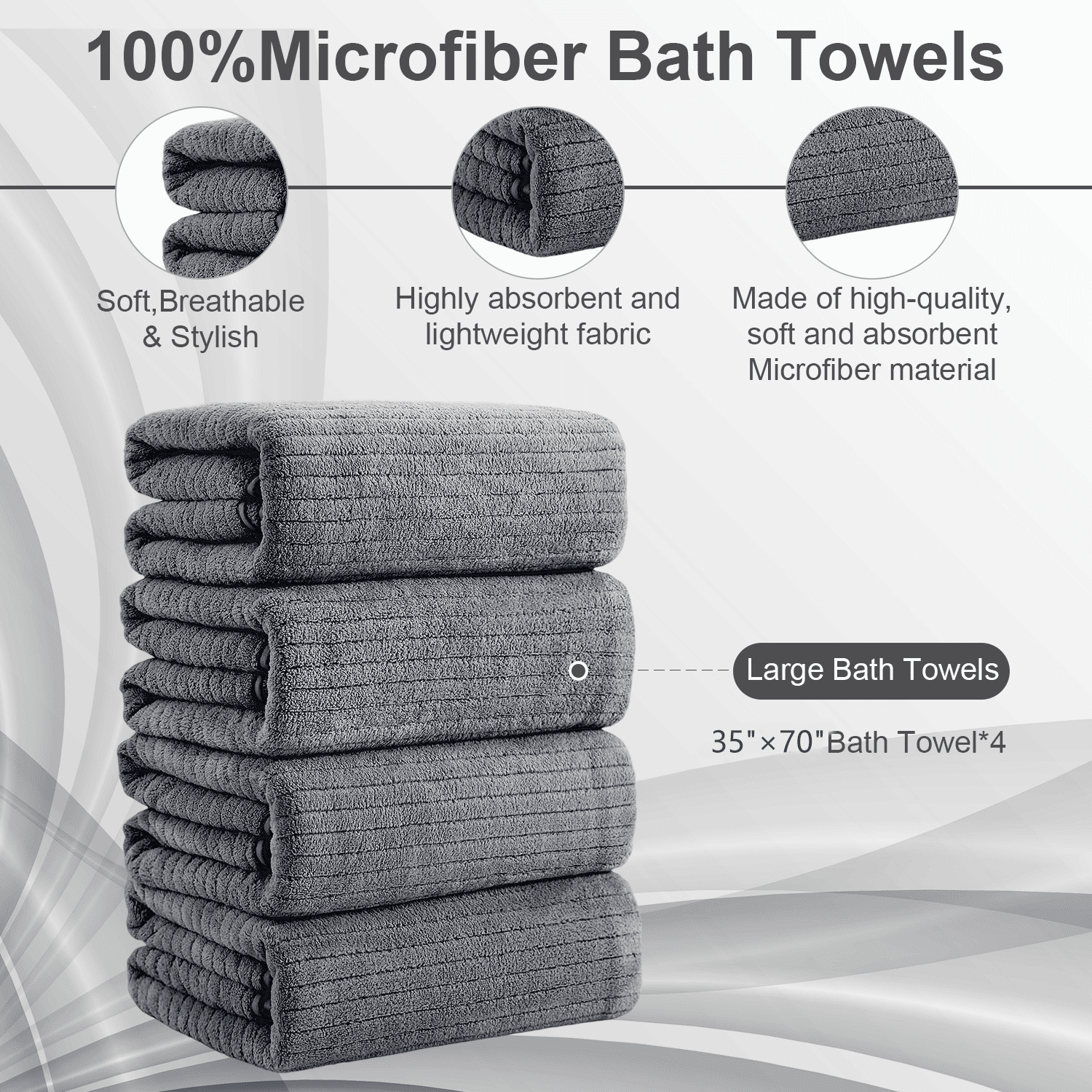 Covina Home 4 Pack Dark Gray Bath Towel Set Microfiber Bathroom Towel Set Ultra Soft Plush Oversized Towels Adult Luxury Bath Sheet