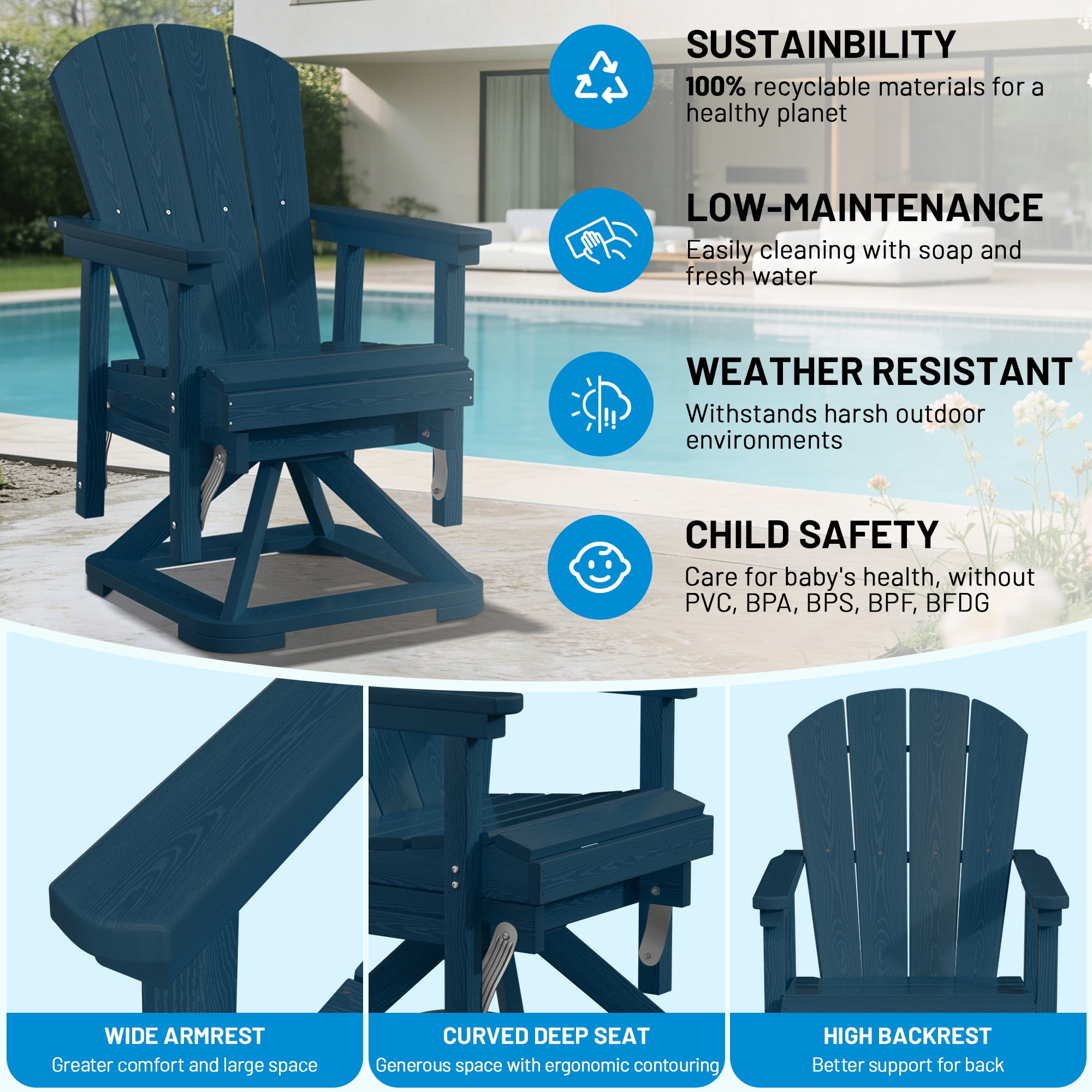 Easthome 360°Swivel Glider Adirondack Chair All-Weather HDPE Outdoor Rocking Chair with Ergonomic Backrest, Outdoor Swivel Rocker for Patio, Porch & Deck - Navy