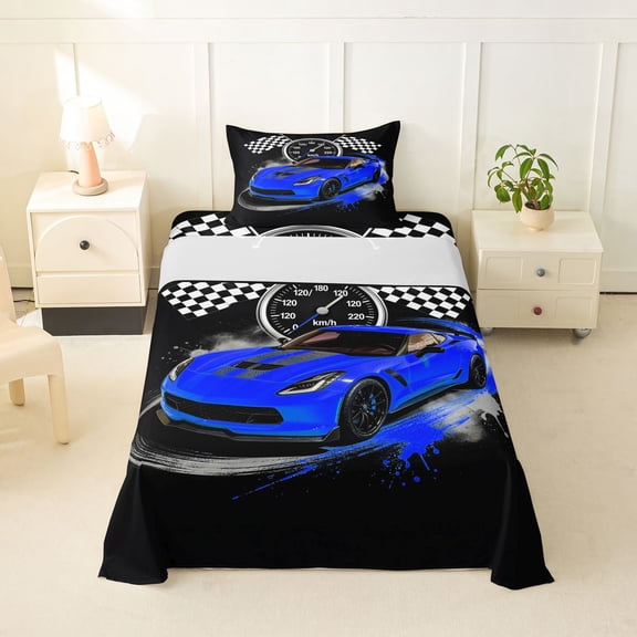 Castle Fairy Retro Racing Car Twin Sheet Sets 3pcs for Boys, Checkered Flag Design Bedding for Bedroom, Blue Black