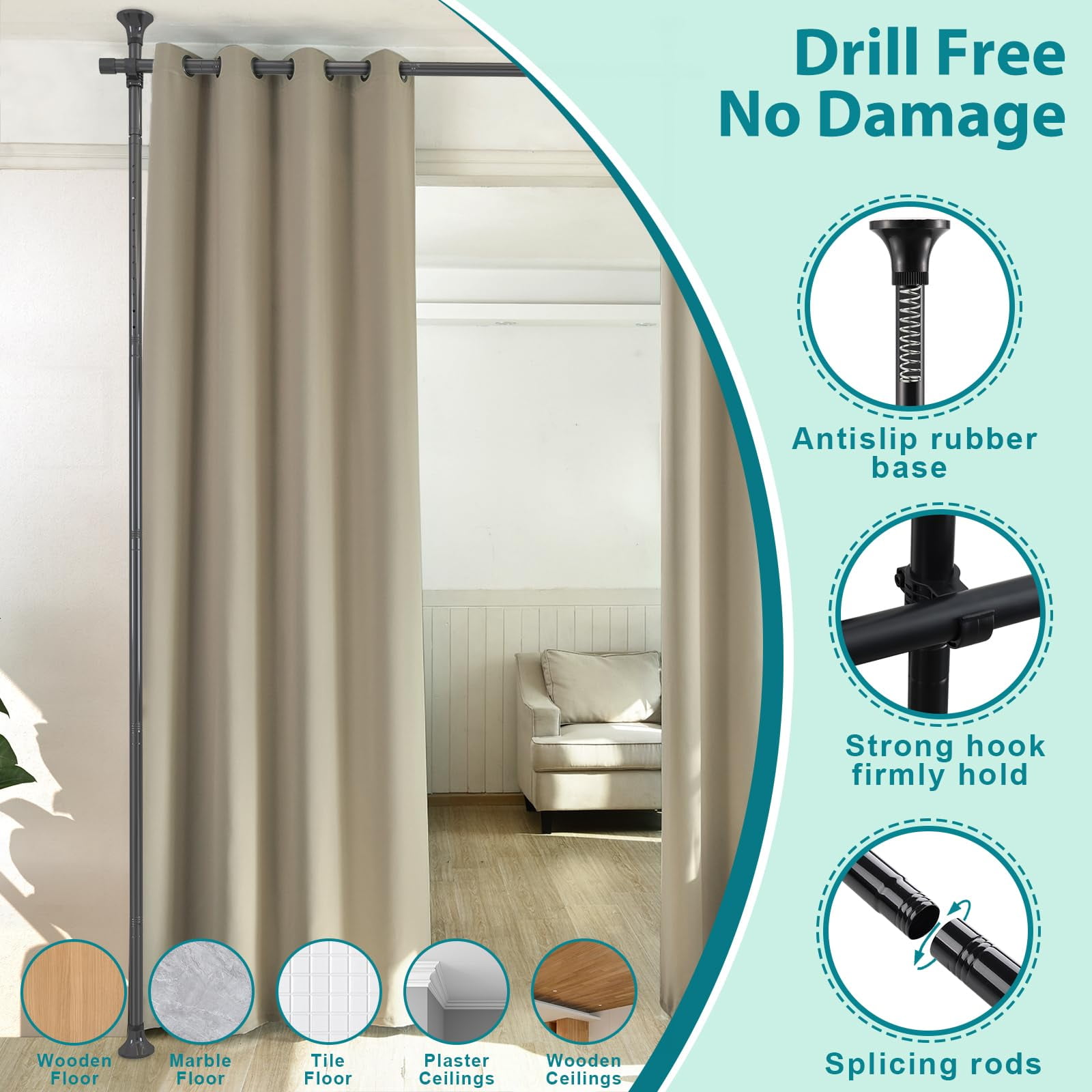 Room Divider, 4-10ft No Drilling Adjustable Curtain Rods Wall Divider for Room Separation, Heavy Duty Freestanding Hanging Room Divider Curtain Rod, Black