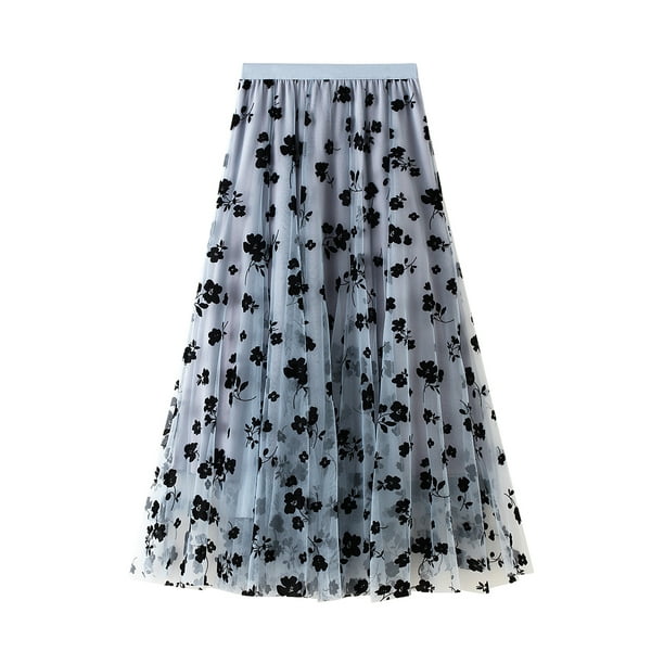 ZAXARRA Women Tulle Skirts High Waist Floral Print Layered A Line