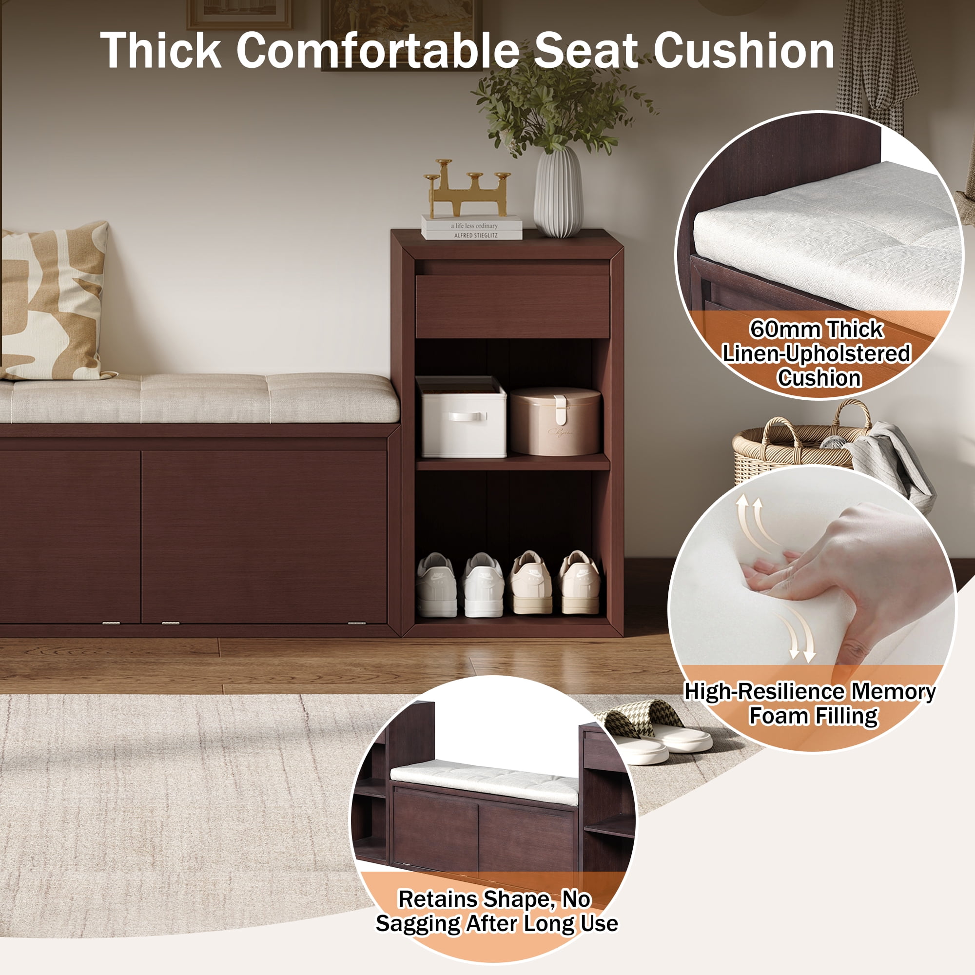 Aukfa 3pcs Storage Shoe Bench Set with Cushioned Seat, Entryway Organizer with Open Shelves & Cubbies,Espresso
