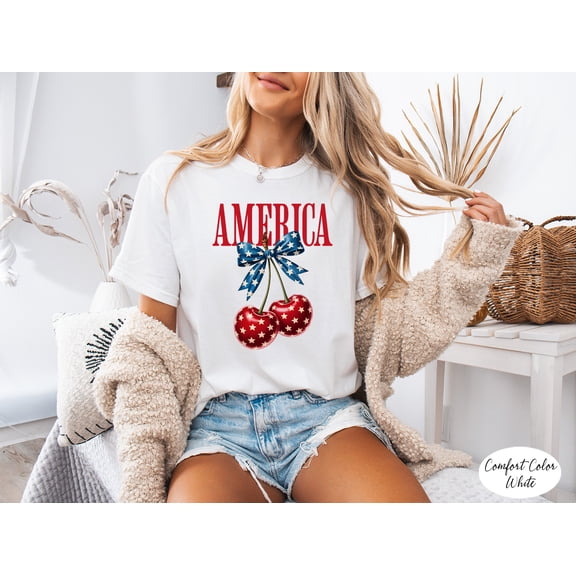 Comfort Colors® 4th of July America CherryT- Shirt, Patriotic Coquette Bow Graphic Tee, USA Flag Cherries T-Shirt, Cute Women Independence Day Top