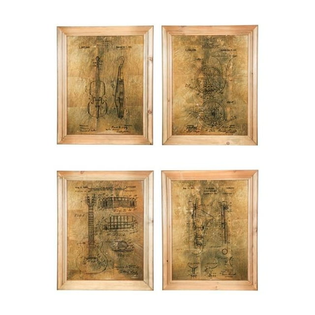 Benjara BM219206 Rectangular Wooden Wall Art with Musical Instruments, Brown - Assortment of 4