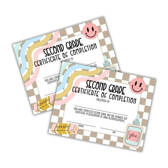 2nd Second Grade Graduation Certificate of Completion Award 30pk 8.5x11 End of Year Hand Out Tan Neutral Checkered Modern 90s Smiley Faces Friendship Bracelets