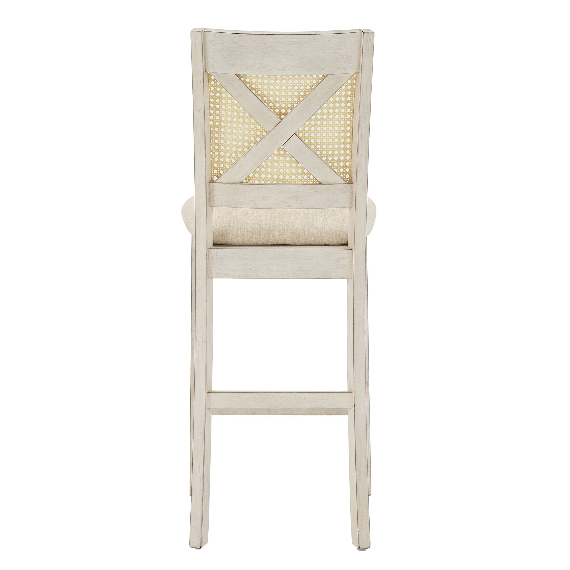 Weston Home Pulukan Cane Accent x-Back Counter Height Chair (Set of 2), Antique White Finish, Beige Linen