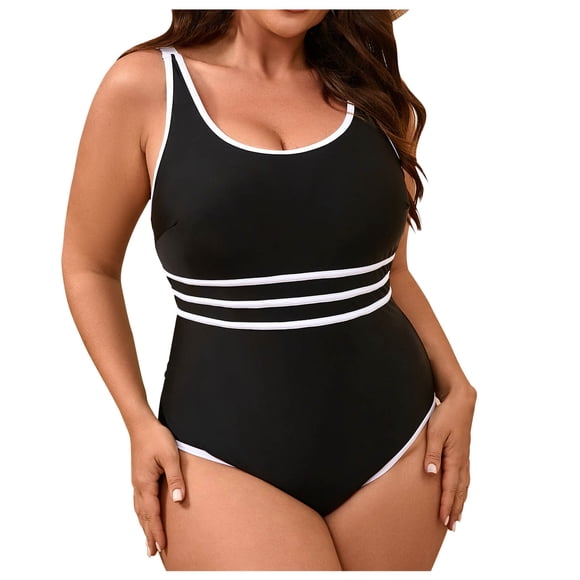 Moxiu Maillots de Bain une Pièce pour Femmes Contrôle du Ventre Athlétique Couverture Complète Bloc de Couleur Amincissant Maillot de Bain Grande Taille Noir,G
