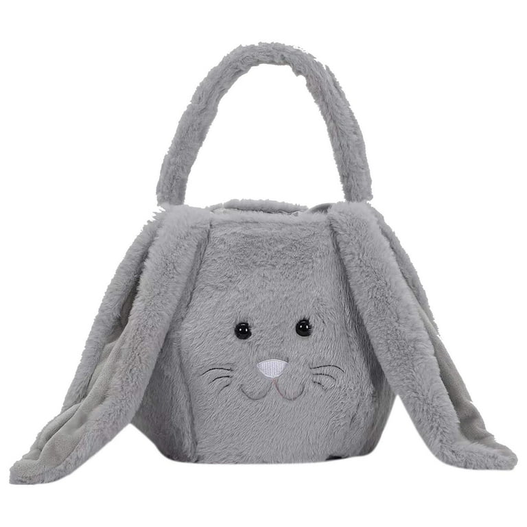 Grey Plush Personalized Bunny Easter Basket with Handles Custom