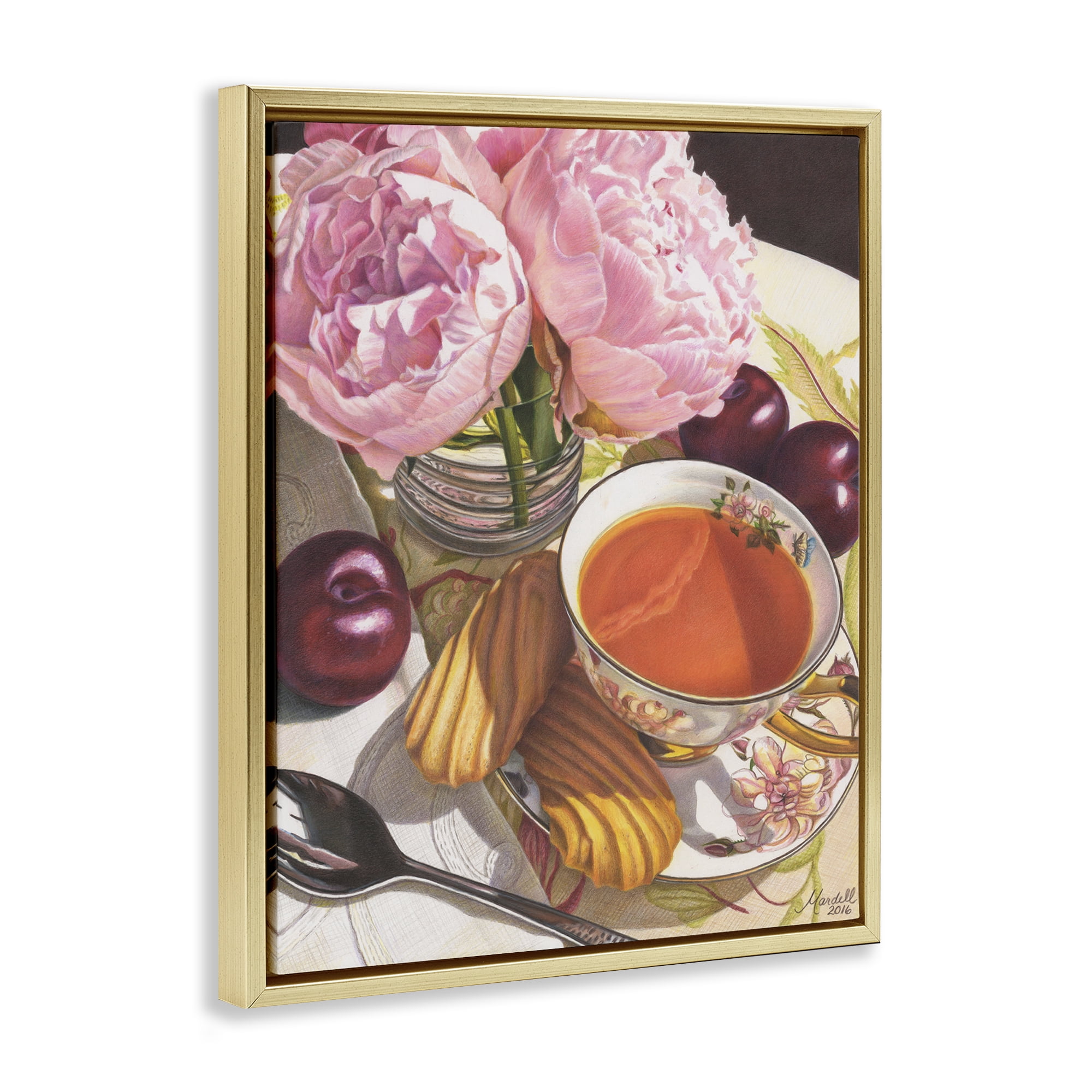 Stupell Industries Tea with Peonies & Plums Food & Beverage Painting Gold Floater Framed Art Print Wall Art, 17 x 21