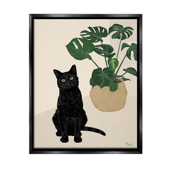 Stupell Industries Black Cat & Monstera Plant Animals & Insects Painting Black Floater Framed Canvas Art Print Wall Art, 17 x 21