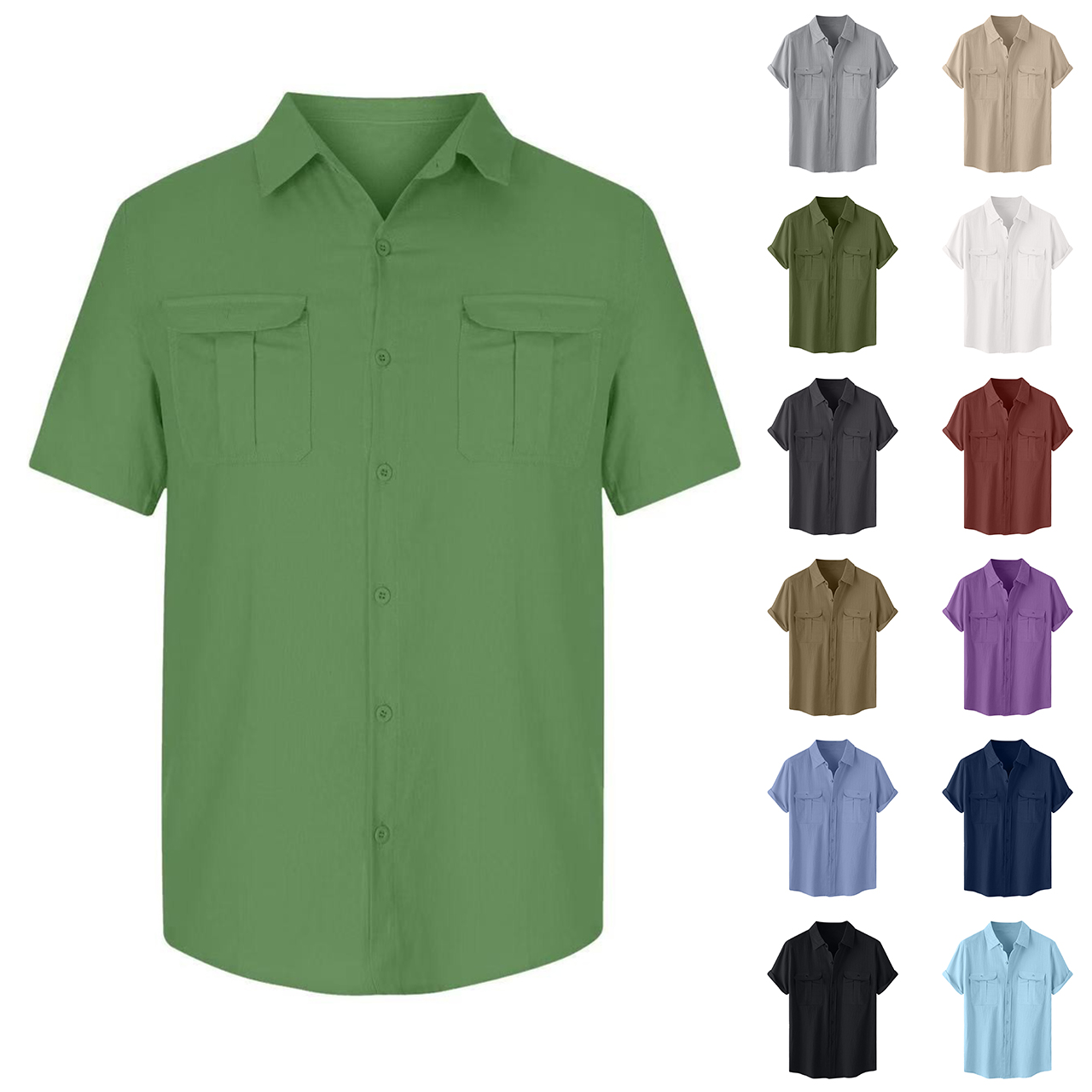 Fznquz Plain Mens Big and Tall Button Up Shirt Cotton Linen Green Short Sleeve Button down Shirt Soft Vintage Mens Clothes