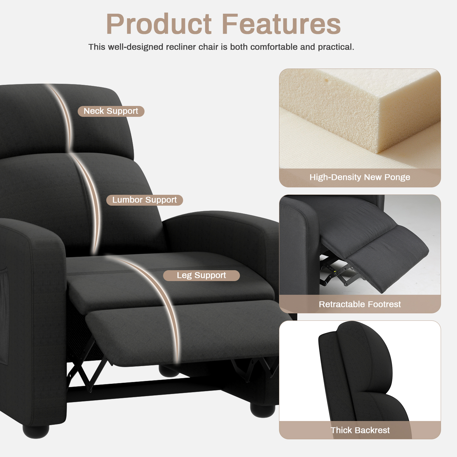 Arlopu Fabric Recliner Chair, Single Reclining Chair Home Theater Seating with Side Pocket, Adjustable Backrest and Footrest, Ergonomic Lounge Chair for Living Room, Black