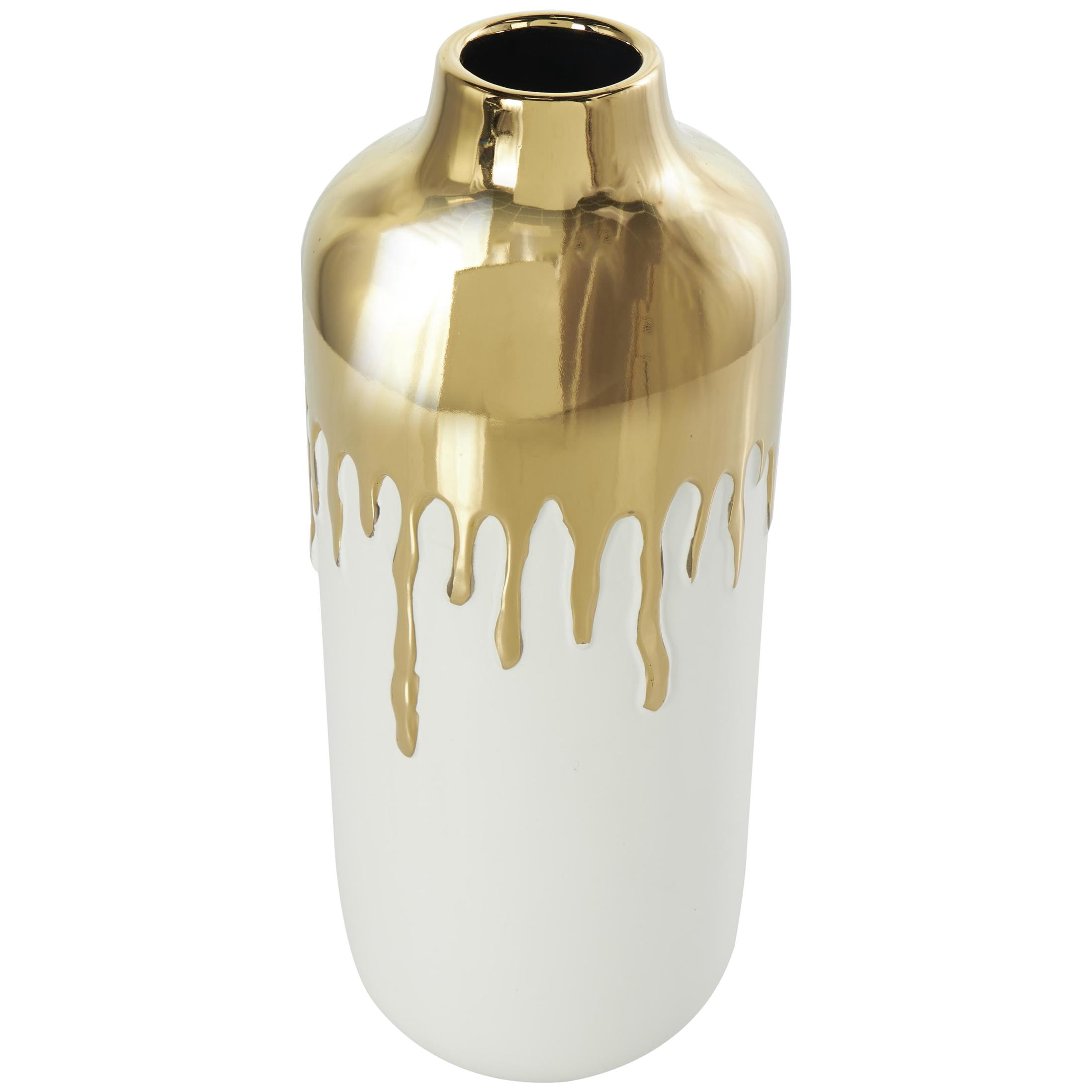 CosmoLiving by Cosmopolitan 14" Abstract White Ceramic Vase with Abstract Gold Melting Drips