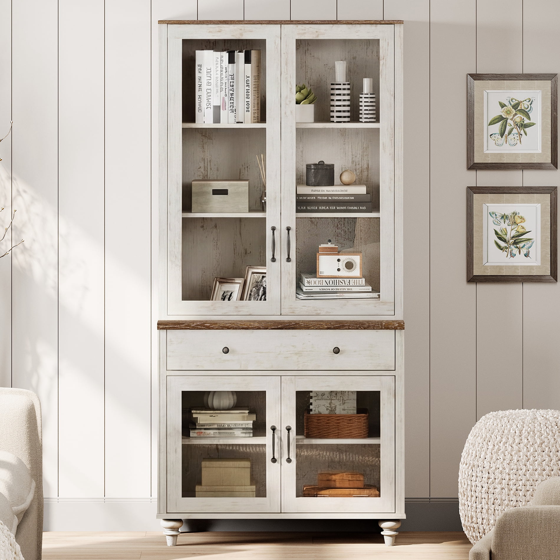 72.1"H × 33.9"W Farmhouse Wooden Bookcase with Glass Doors and Drawer, Large Storage Bookshelf for Living Room, Bedroom, Home Office & Kitchen, Rustic white