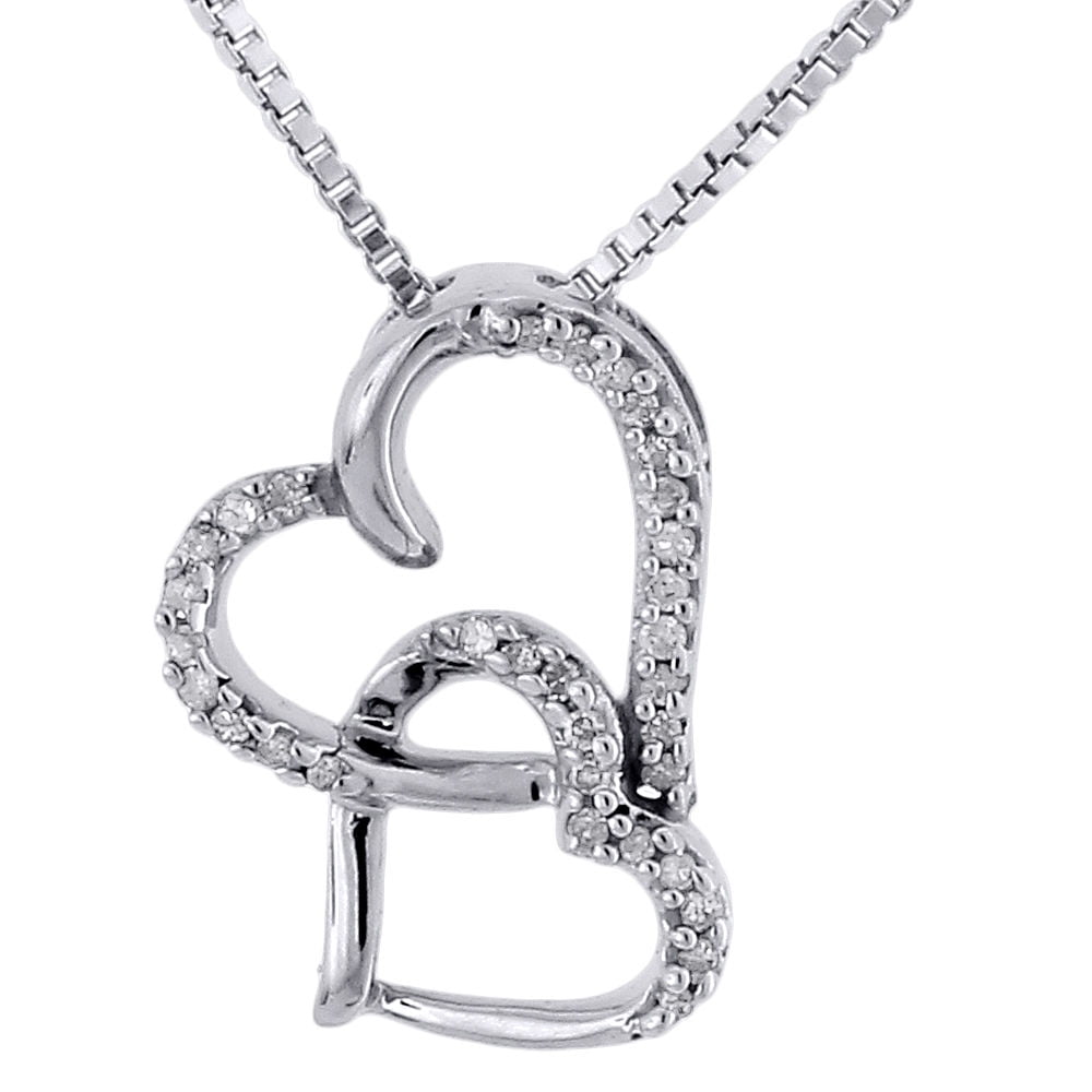 Diamond Double Heart Pendant 10k White Gold Charm Necklace with Chain .10 Tcw