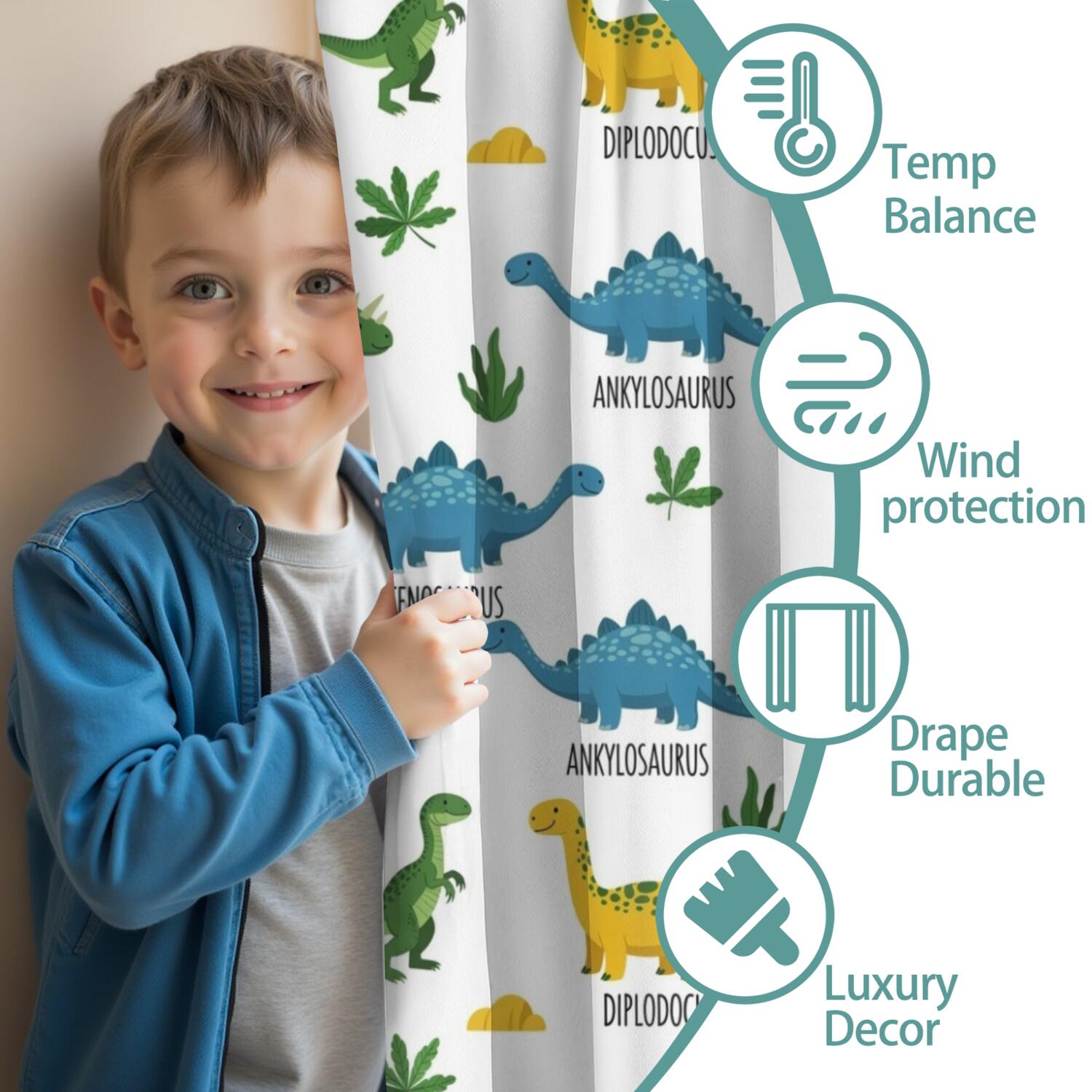 Blackout Kids Curtains,Dinosaur Pattern with Names Childrens Insulated Curtains Set Of 2,Bedroom Essentials,Toddler Room Decor 42"x54"