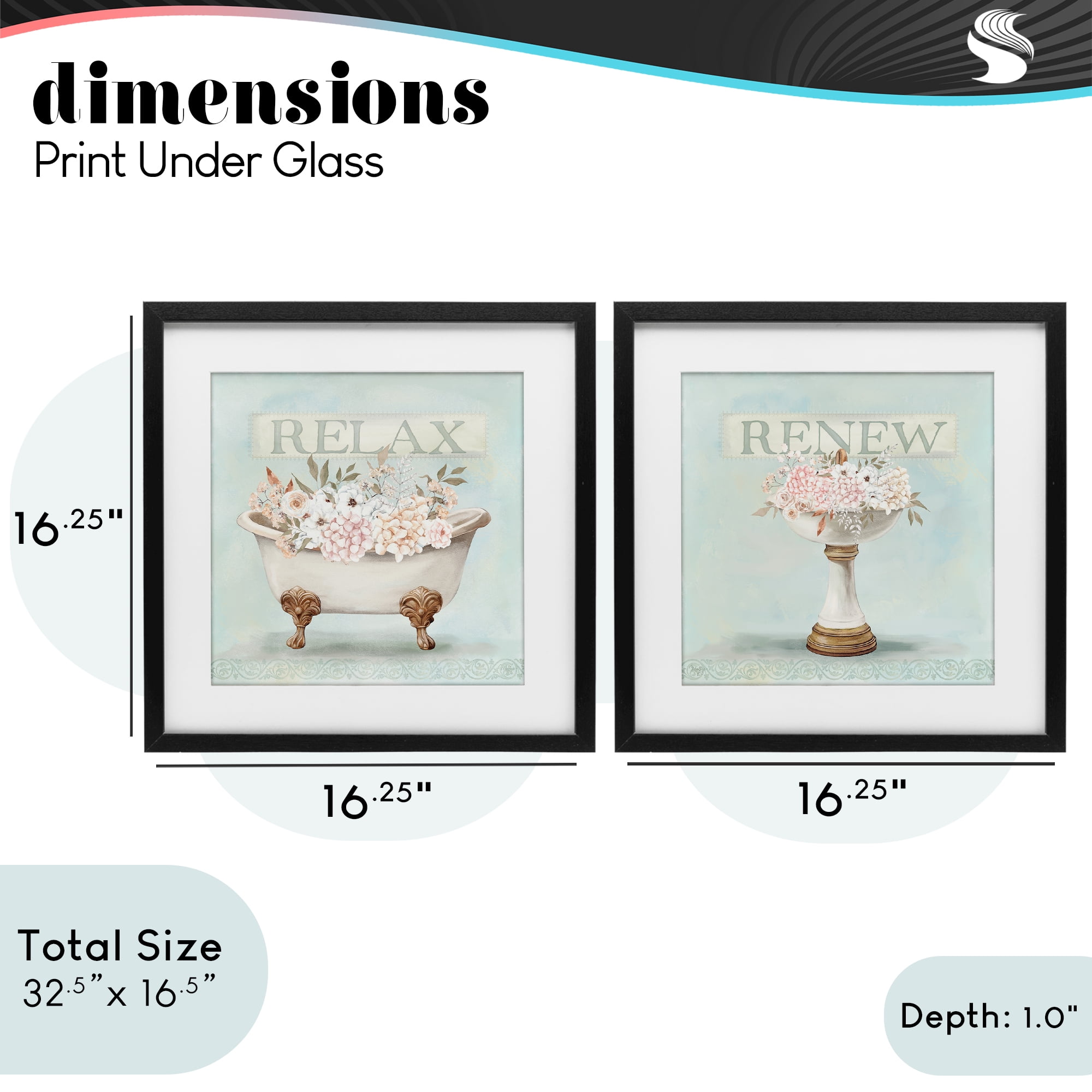 Stupell Industries Antique Florals Relax Renew 2 Piece Black Framed Print Under Glass Set, design by Mollie B.