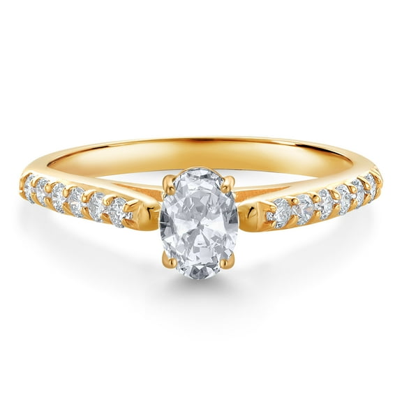 Gem Stone King 10K Yellow Gold White Topaz and White Lab Grown Diamond Engagement Ring for Women (0.78 Cttw, Oval 6X4MM, Gemstone November Birthstone, Size 7)